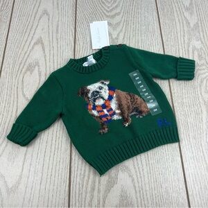 Polo Ralph Lauren Boy's Dog Intarsia Sweater 3M Green $145 Bulldog Striped Scarf